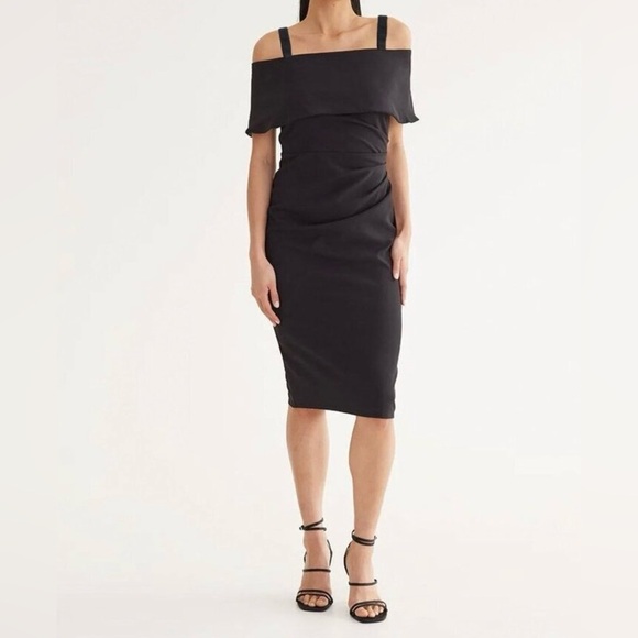 MARINA Dresses & Skirts - Marina Black Midi Sheath Off-the-Shoulder Bodycon
Dress Size 12